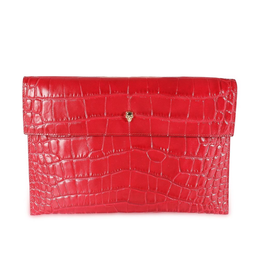 Alexander McQueen Red Crocodile-Embossed Leather Skull Pouch